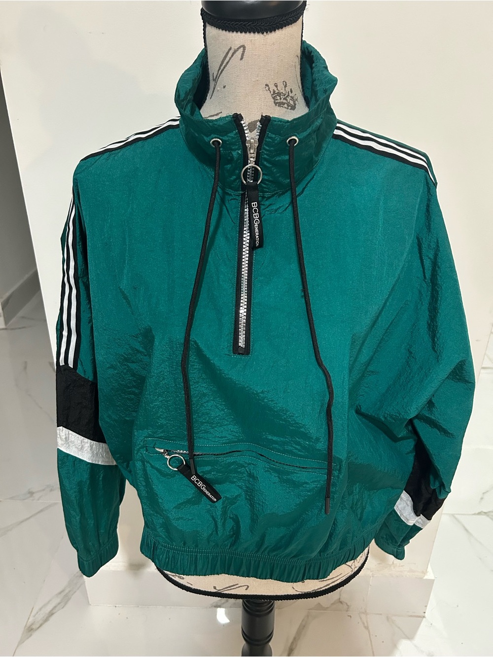 BCBGeneration Teal Sport Pullover Windbreaker with Black & White Stripes